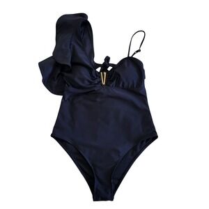 Sporlike Black One‎ Shoulder Ruffle One Piece Swimsuit Gold V Detail Size L